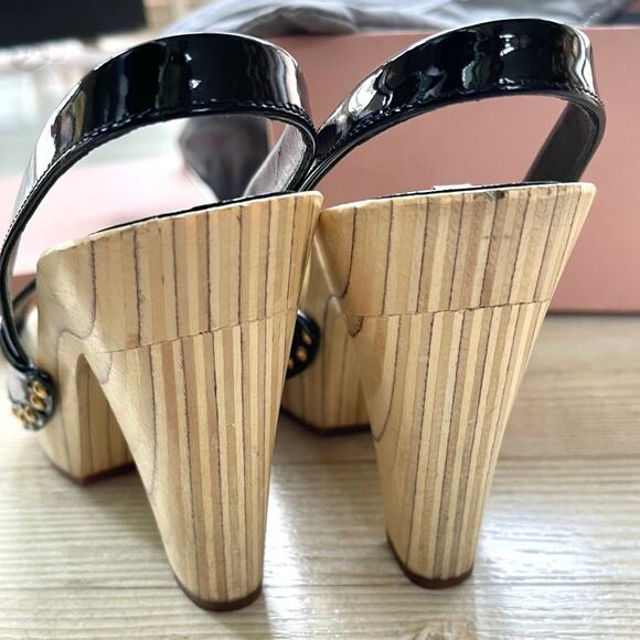 Miu‎ Miu Patent Leather Slingback Wood Platform Heel Sandals | Black 38 - Picture 7 of 13